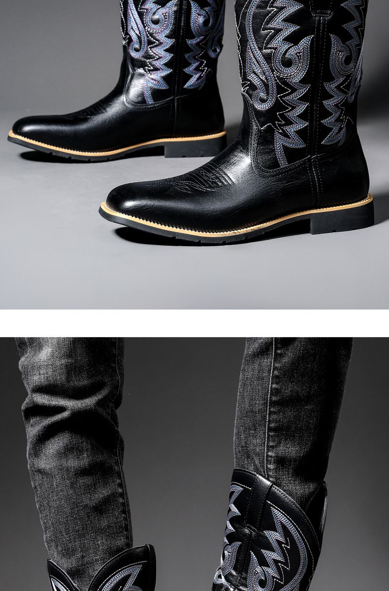 Amekaji Herren-Reitstiefel mit hoher Röhre, bestickt, Western-Cowboy, trendig, für Motorradfahrer, quadratische Zehenpartie_voghion.com