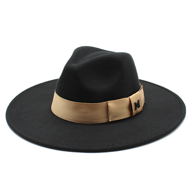 Europe et États-Unis automne et hiver laine grand avant-toit jazz haut-de-forme hommes et femmes mode décontracté grand bord jazz chapeau 9,5 cm_voghion.com