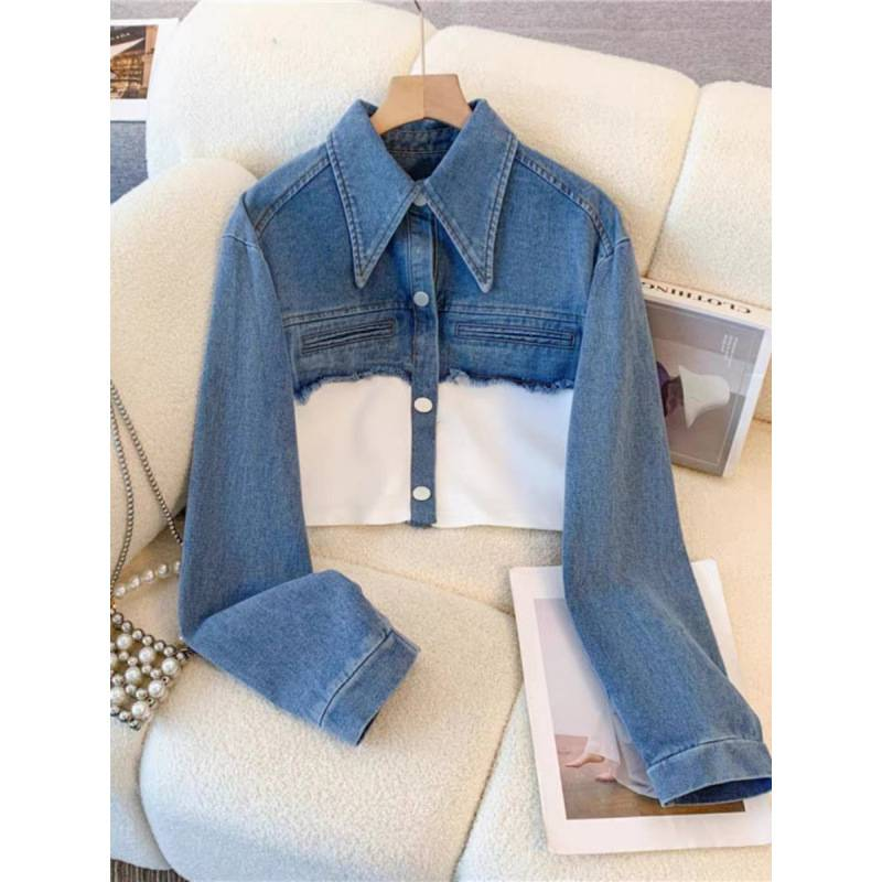 Dametøj moderigtigt patchwork denimjakke afslappet buksedragt med brede ben moderigtigt og stilfuldt jakkesæt i to dele_voghion.com