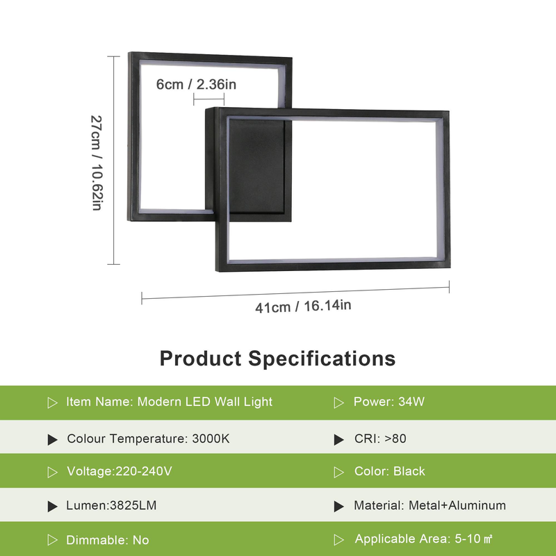 GOECO LED Wandleuchte Quadratisches Design, Schwarz, 41x27x6 cm, Weißes Licht 6500K, 34W, Moderne Dekoration Für Innenräume_voghion.com