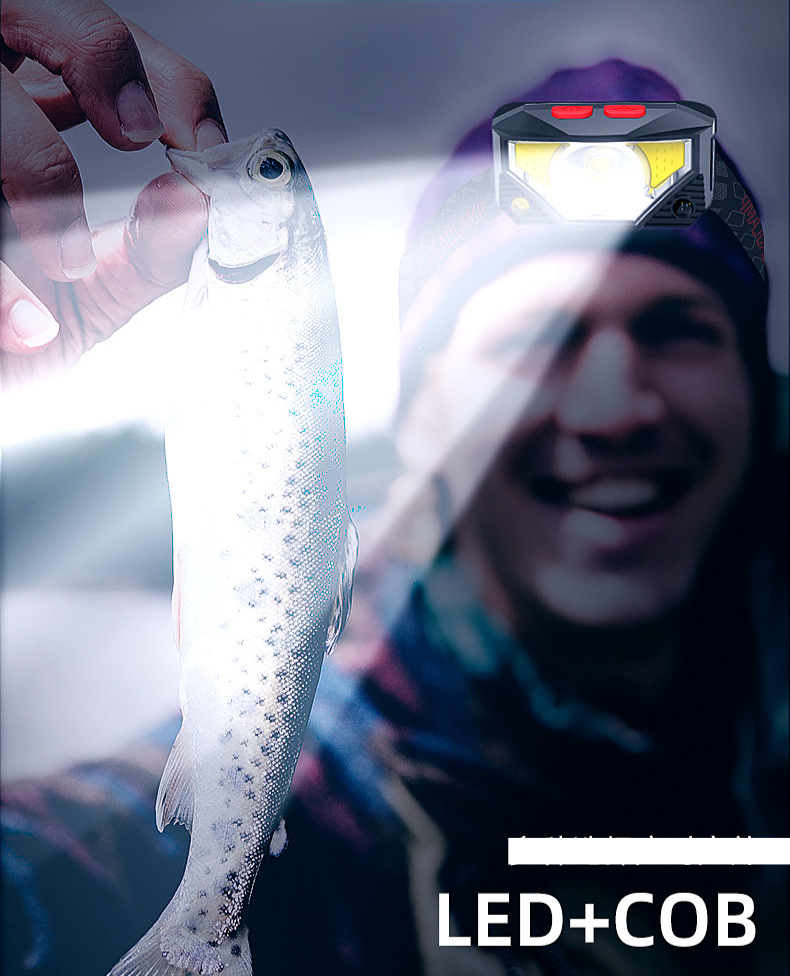 Headlight Sensing Usb Charging Warning Red Led Strong Light Cob Outdoor Night Fishing Waterproof Headlight_voghion.com