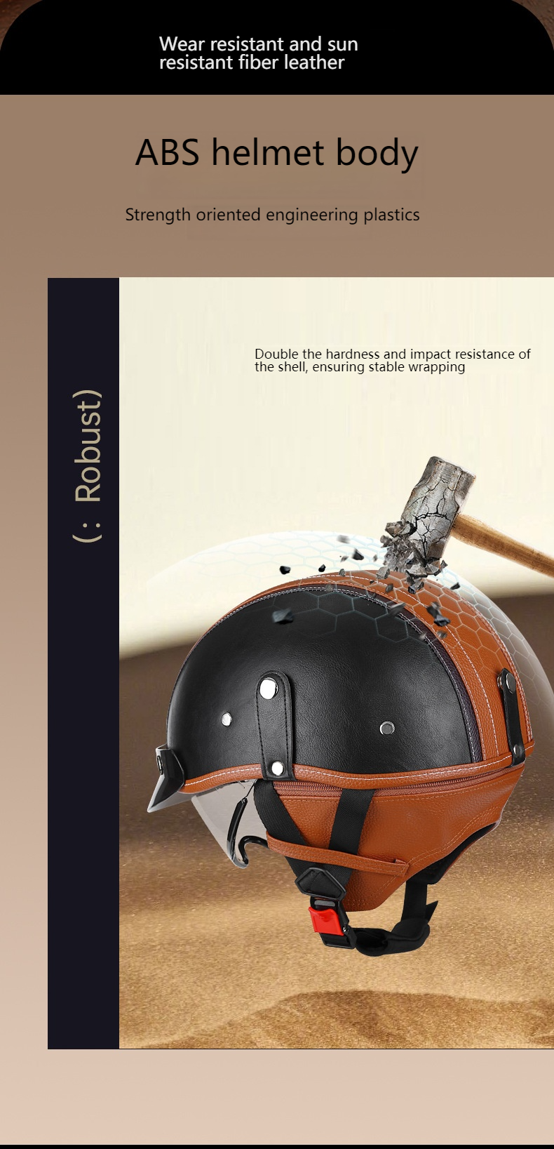 3C-zertifizierter Vintage-Motorrad-Halbhelm – Cruiser-ABS-Schale im Retro-Stil im japanischen Stil mit austauschbaren Gläsern (schwarz/braune Lederoptik)_voghion.com