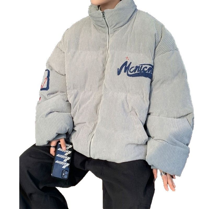 Herren Cord-Wattierungsjacke – Winter-Streetwear-Bombermantel mit Stickerei und Stehkragen, lockere Passform, warmes Fleecefutter (Beige, Grau)_voghion.com
