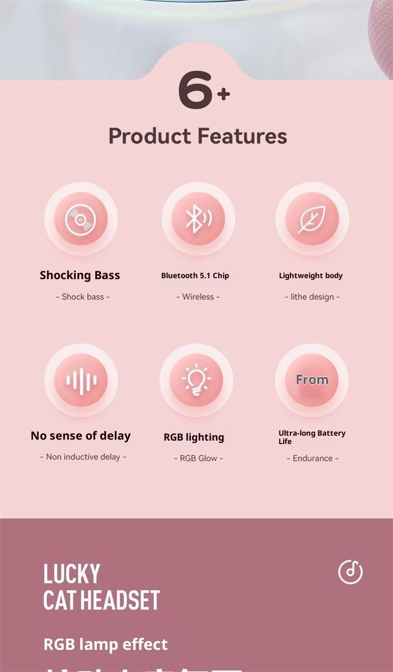 BT618 Cat Ear Bluetooth Headphones - Wireless Gaming Headset With Deep Bass, LED Lights, 8H Playtime, Stereo Sound For PC/Phone_voghion.com