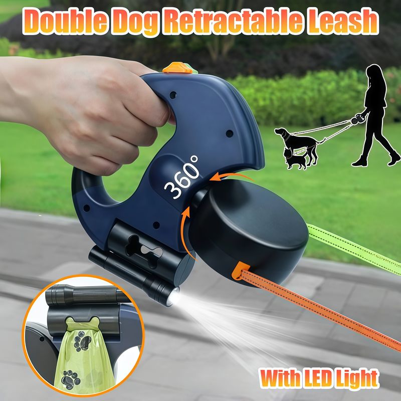 Automatic Double-Sided Dog Leash 3m With LED Flashlight, Waste Bag, Retractable Box, 360 Degrees, Double Traction Rope, By PawParty Store_voghion.com
