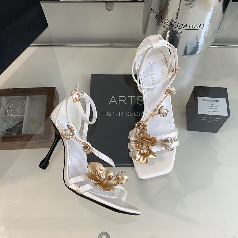 Sexy High Heels 2025 Spring Summer New Golden Orchid One-strap Square Open-toe Sandals Fashionable And Exquisite Leisure Versatile Wear Comfortable_voghion.com