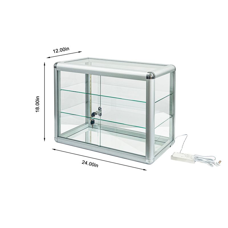 Tempered Glass Top Display Cabinet With Sliding Glass Door And Lock, Standard Aluminum Frame, Display Cabinet With Sliding Glass Door, Lock And LED_voghion.com
