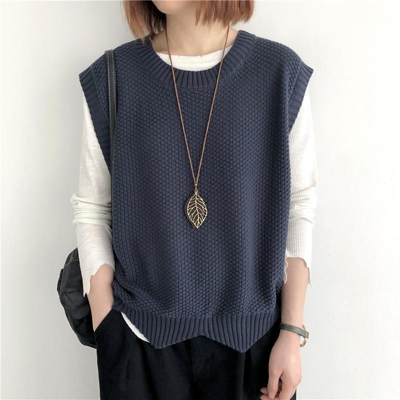 K Women's Knitted Vest; Pure Color, Loose, Round Neck, Irregular Pullover Short Cardigan._voghion.com
