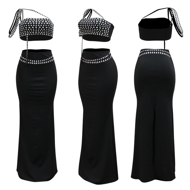 Abbigliamento da donna, nuovo top corto alla moda con diamanti e gonna sottile sui fianchi_voghion.com