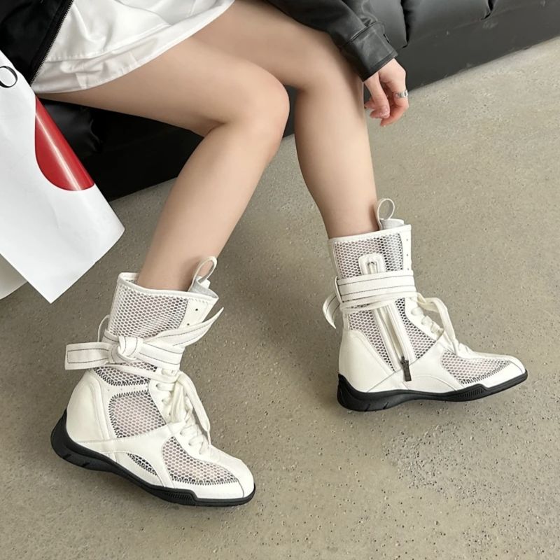 Women Boxing Boots Instant Dispatch ~ Niche Design Thin Mesh For Women Summer Outdoor Wear Height Increasing Boxing Boots Lace-Up Hollow_voghion.com
