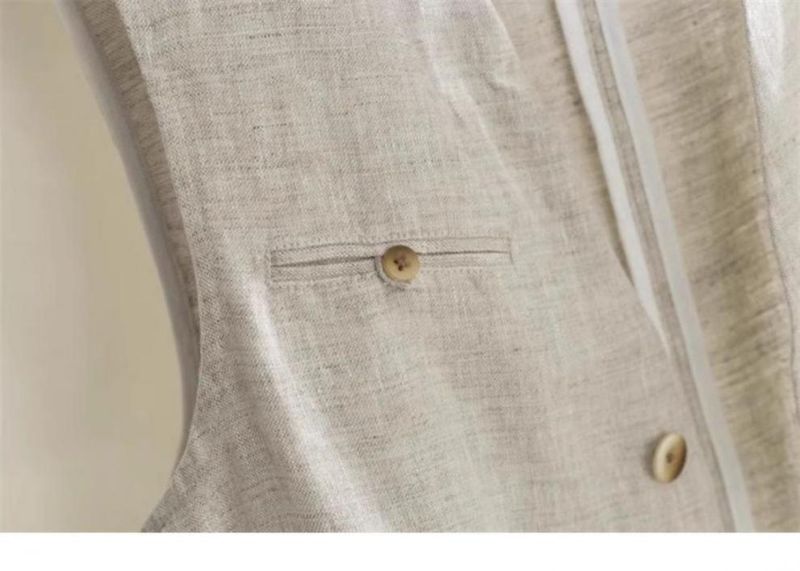 Veste blazer sans manches en lin à col en V, style britannique vintage artistique, pour femme, collection été 2024._voghion.com