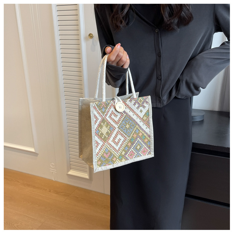 Ethnic Style Canvas Bag for Women, New Fashion for Going Out, Portable Linen Lunch Box, Bento Bag, Hand-held Mommy Bag_voghion.com