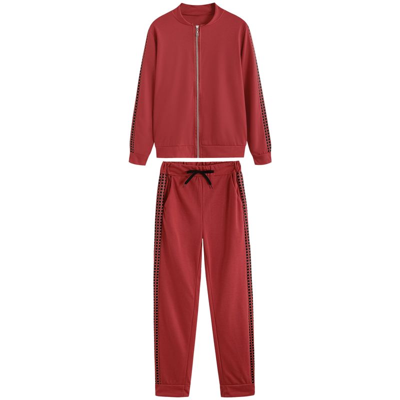 Damer långa sport Casual Zip Patchwork Rutig kostym_voghion.com