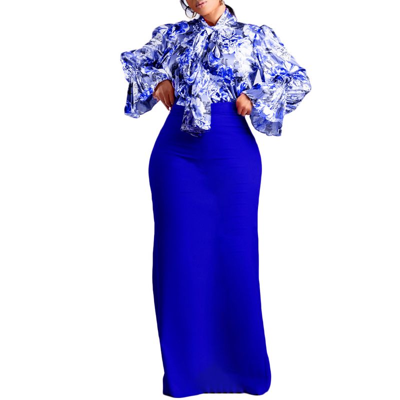 Dameskleding Mode Bedrukt Strappy Shirt met Lange Mouwen Rok Lange Rok Tweedelige Set_voghion.com