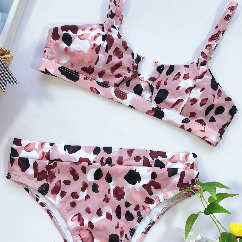 Maillot de bain femme maillot de bain fendu vert imprimé léopard bikini nouveau maillot de bain couleur unie_voghion.com