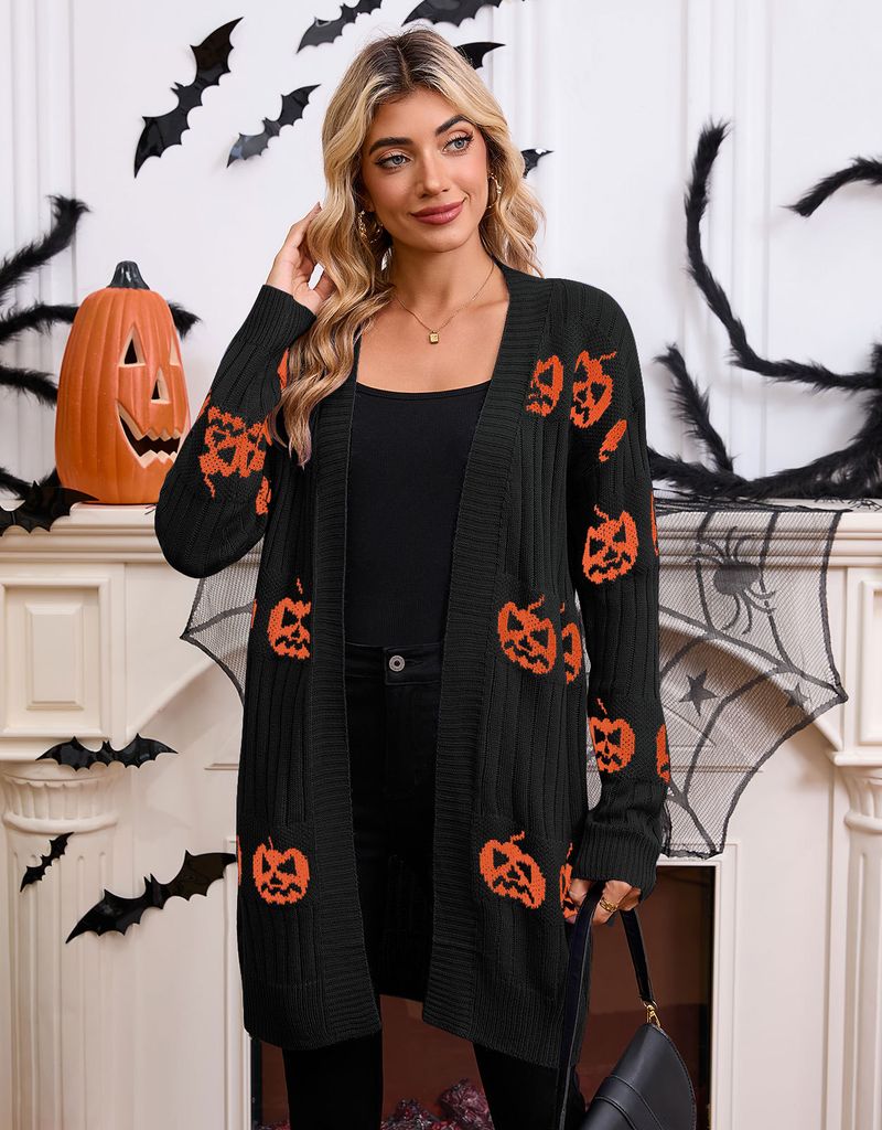 Halloween Pumpkin Jacquard Cardigan Sweater For Women - Acrylic Knit Open Front Coat With V-Neck, Long Sleeve (Black/Orange/Purple)_voghion.com