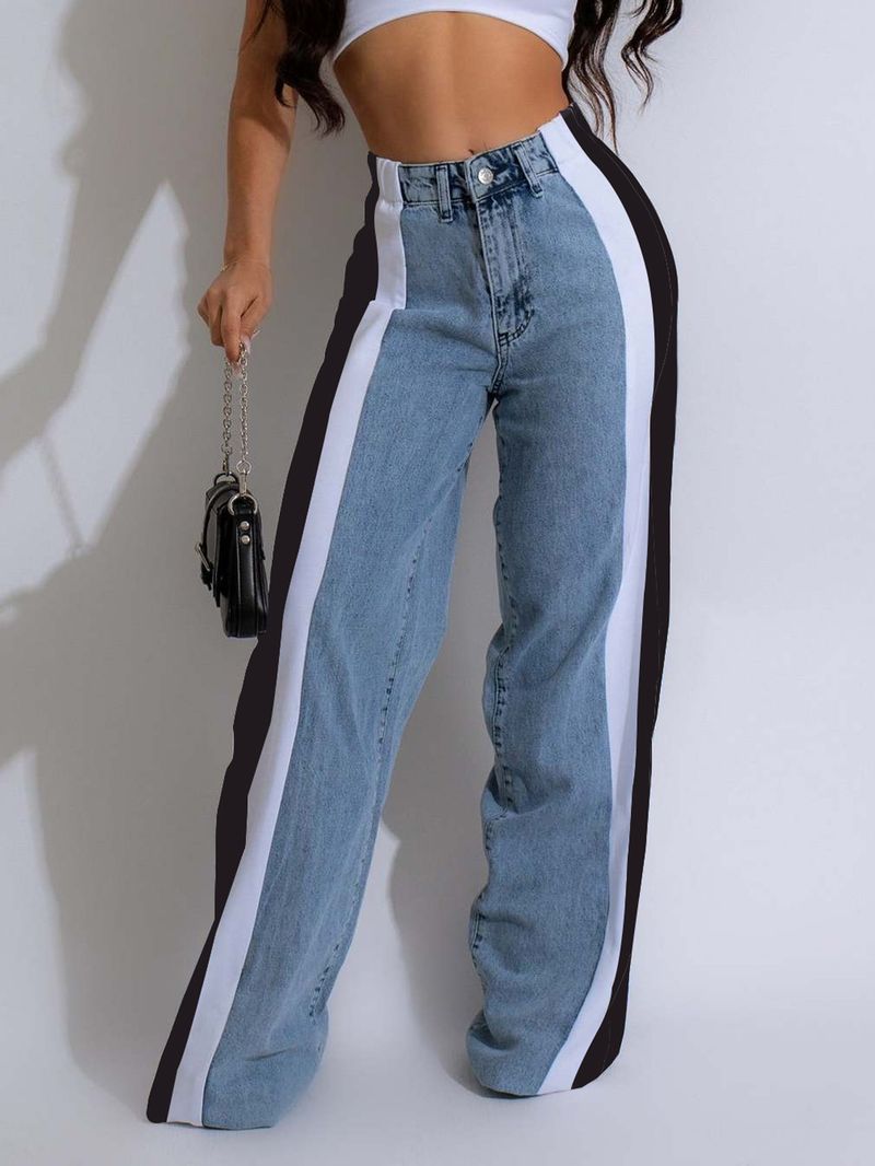 Women's Clothing Street Fashion Splicing Leopard Print Straight Washed Denim Trousers_voghion.com