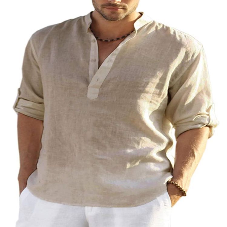 Men's New linen long-sleeved T-shirt loose undershirt solid color long-sleeved cotton and linen shirt_voghion.com
