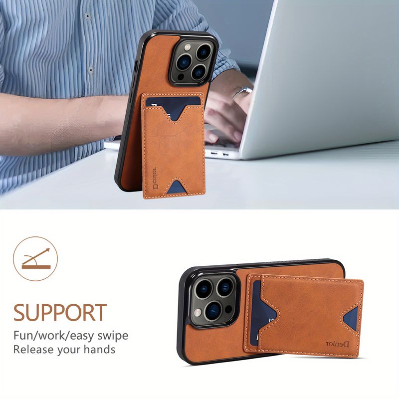 1 Card Slot Suitable For 15/ 14Plus/ 13Pro/ 12 Pro Max PU Leather Shock-absorbing Card Holder Phone Case Retro Design For Men For Women_voghion.com