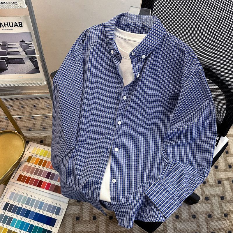 Spring And Autumn Checkered Men's Long Sleeve Shirt Ins Rascal Couple Top Handsome Versatile Coat_voghion.com