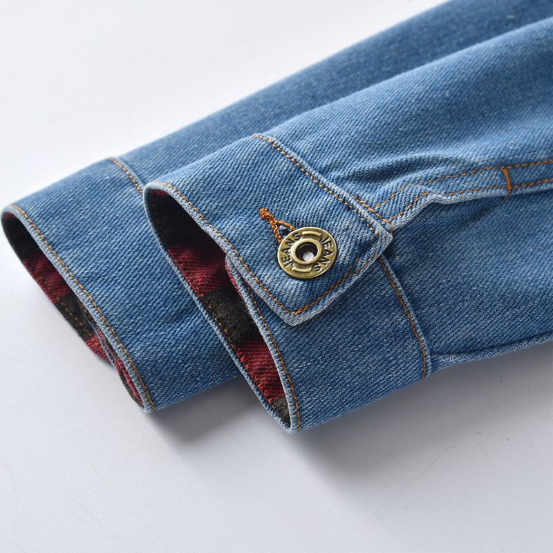 abbigliamento per bambini Giacca in denim per bambini manica lunga camicia in denim finto a due pezzi con quadri rossi neri_voghion.com