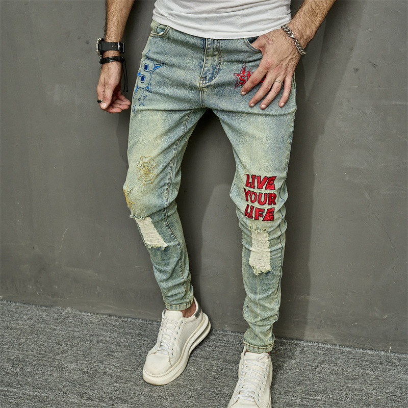 New Autumn Men's Jeans Casual Perforated Letter Slim Fit Small Foot Elastic Pants_voghion.com