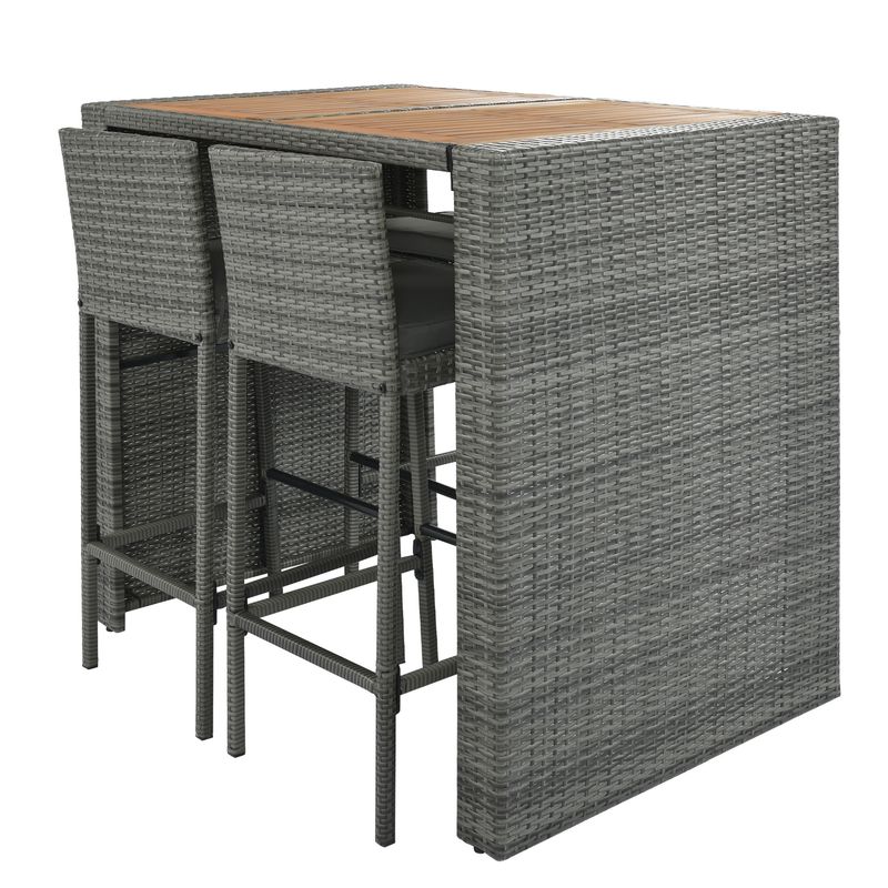 5-pieces Outdoor Patio Wicker Bar Set, Bar Height Chairs With Non-Slip Feet And Fixed Rope, Removable Cushion, Acacia Wood Table Top_voghion.com