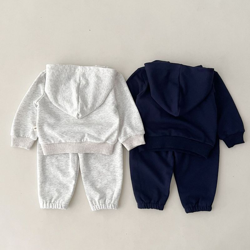Tuta da ginnastica con cappuccio in cotone per bambini, morbida e traspirante, 2 pezzi stampati (grigio con fiori bianchi/blu reale, 80-130 cm)_voghion.com