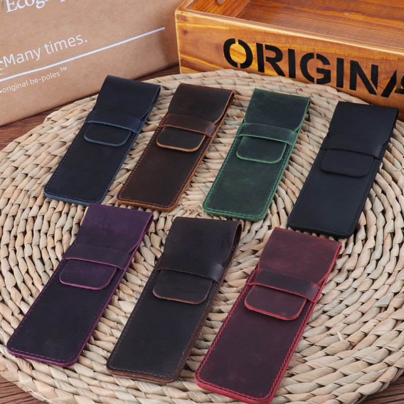Estuche para lápices de cuero genuino personalizado, retro, hecho a mano, de cuero de Caballo Loco, primera capa de piel de vaca, estuche para bolígrafo, funda protectora creativa en stock_voghion.com
