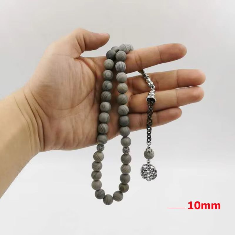 Müslüman Dua Tespihi Yeni Ahşap Desenli Taş 10mm Doğal Taş 33 Pirinç Boncuk Bileklik Günlük İbadet TASBIH_voghion.com