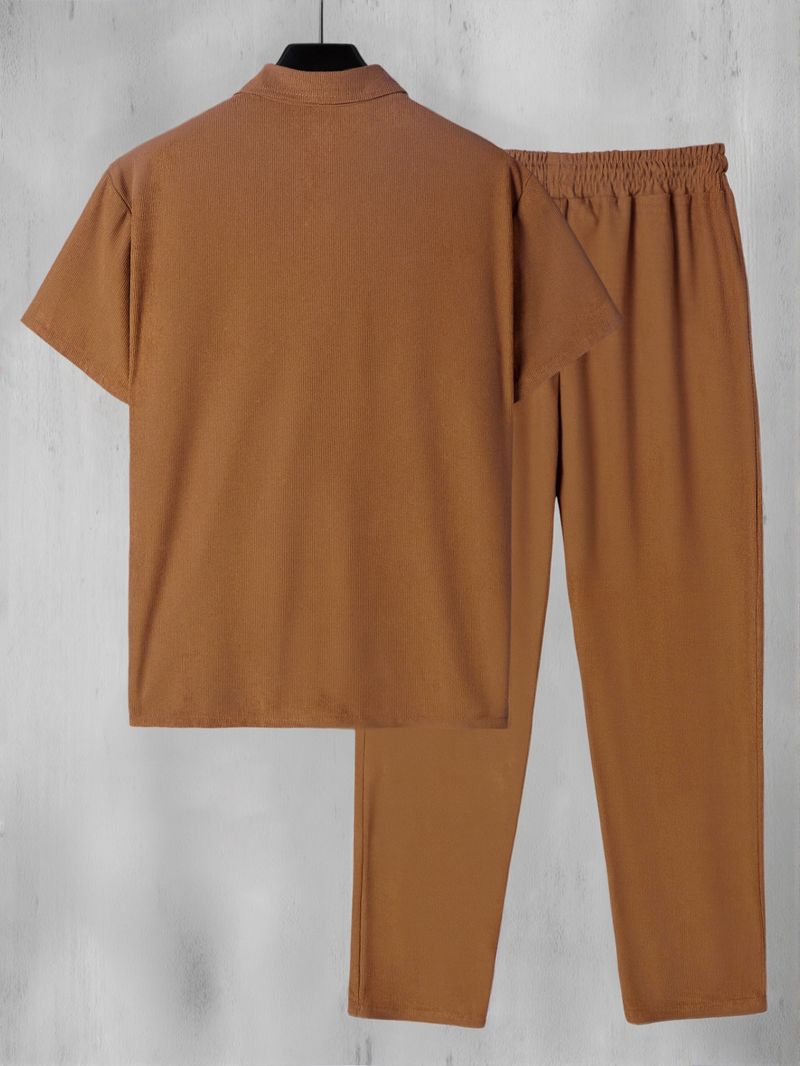 Men's Plus Size Corduroy Short Sleeve Shirt & Pants Set - Summer Casual Outfit With Button Front & Pockets (White, Black, Navy, Beige, Caramel)_voghion.com