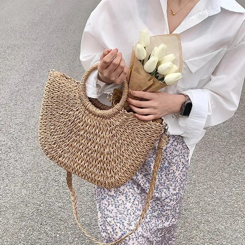 Strohgewebte Handtaschen für Frauen, handgefertigt, für Reisen, Strandtasche, Sommergriff, Eimer, Einkaufskorb, 250225l_voghion.com
