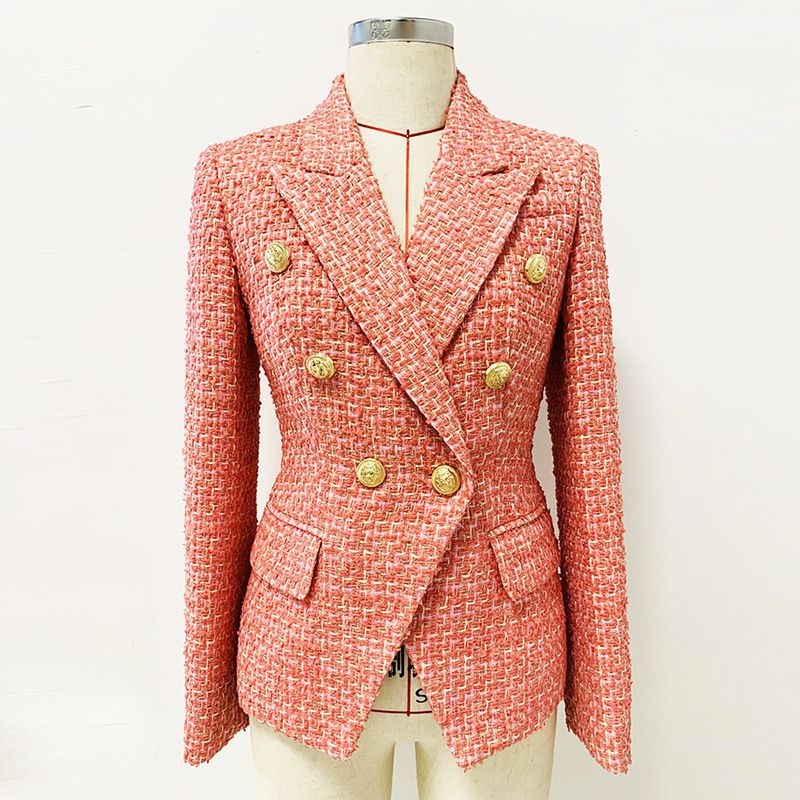 Blazer doppiopetto in tweed con bottoni a testa di leone - Giacca slim fit in stile britannico per donna, in rosso rosa_voghion.com