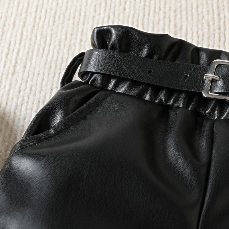 Summer Girls' Standing Neck Pit Striped Sleeveless Top PU Leather Shorts Set_voghion.com