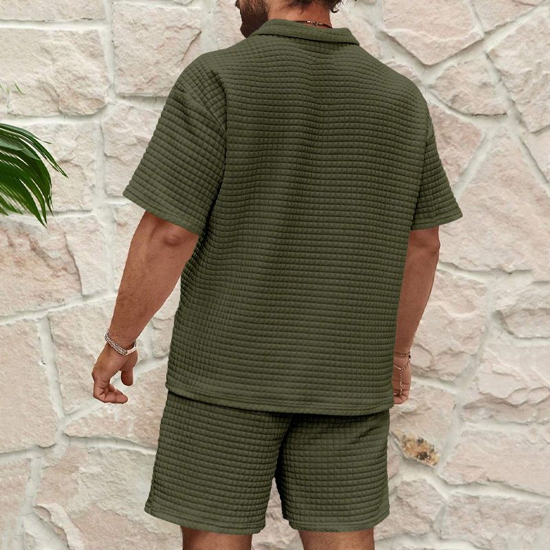 Herren New Casual Fashion Small Square Solid Color Revers Anzug Kurzarm Shorts Zweiteiliger Anzug_voghion.com