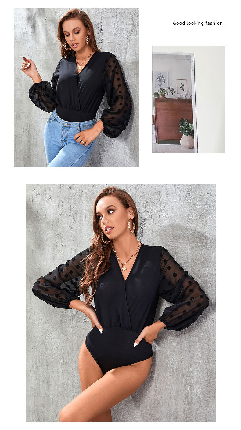 Black Mesh Splicing See-through Long Sleeves Jumpsuit_voghion.com