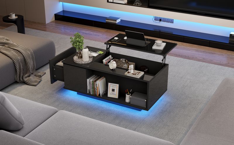 Table basse réglable en hauteur 100 x 50 x 40 cm avec rangement dissimulé, éclairage LED, tiroir, table d'appoint de salon, noire_voghion.com