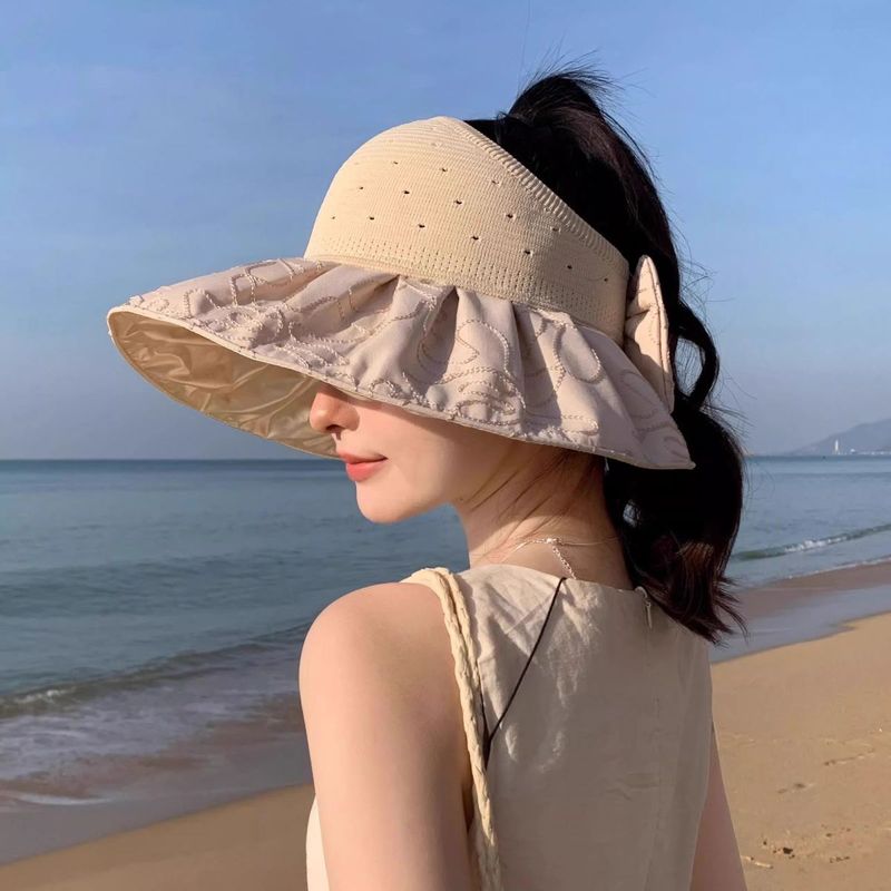 Cappello da sole da donna con protezione UV, per le vacanze al mare, con possibilità di annodare la coda di cavallo, cappello a cilindro vuoto, versatile cappello da sole con tesa larga_voghion.com