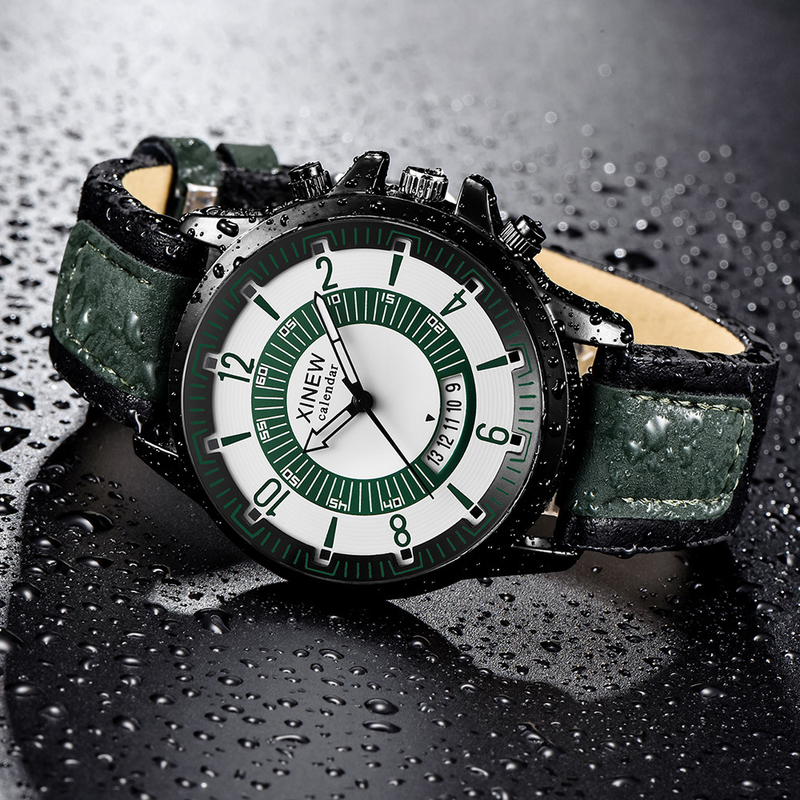 XINEW Märkesklockor Herr Läder Datum Quartz Armbandsur_voghion.com