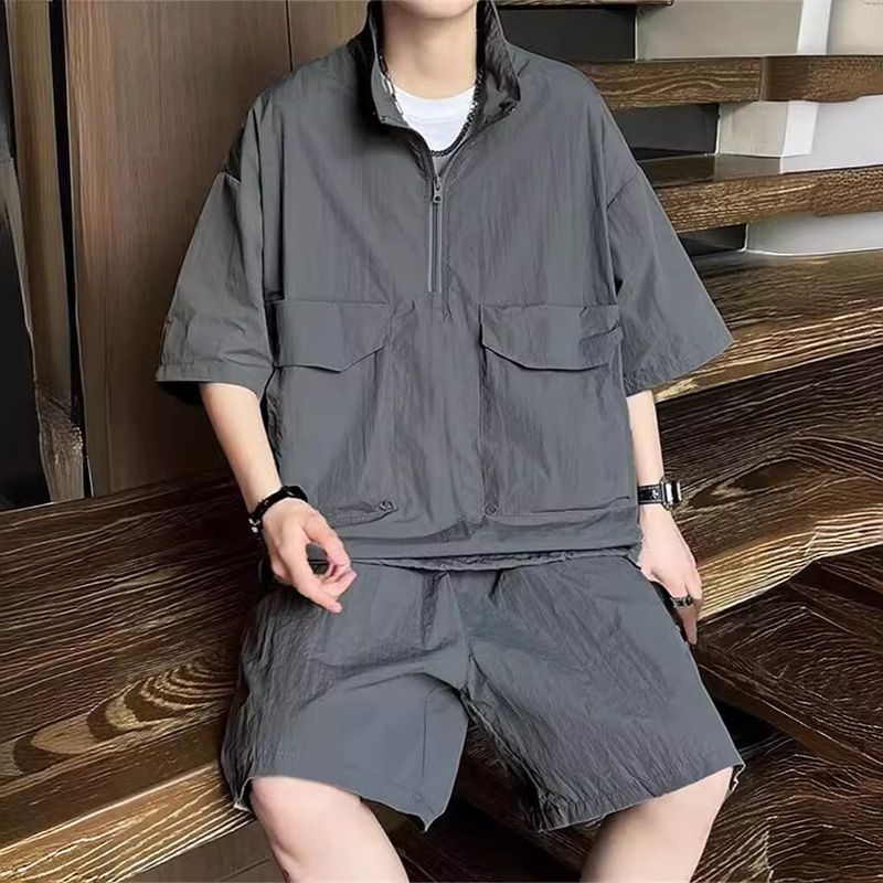 CT Cool Stylish Workwear Large Pocket And Shorts Set For Men Summer New Half-Zip Shirt Five-Point Wide-Leg Pants_voghion.com