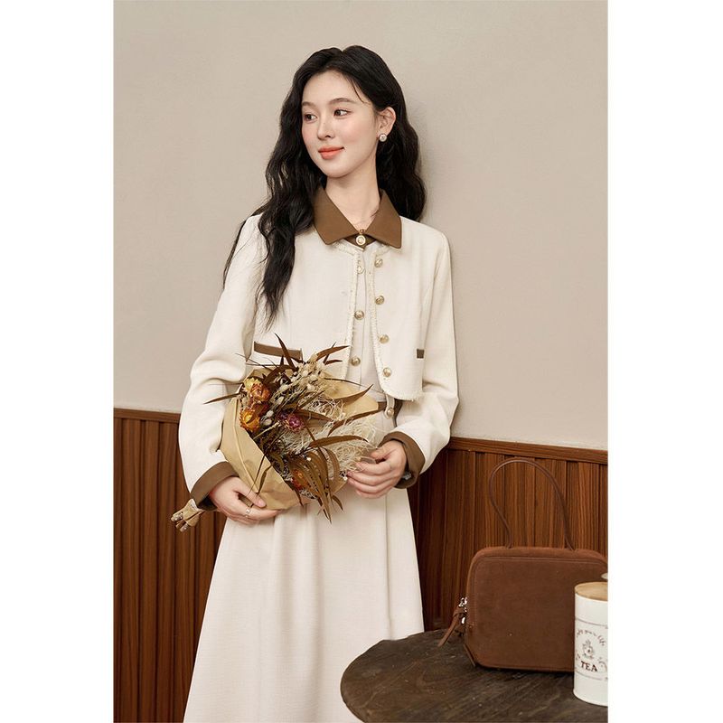 Apricot Waist-Cinching Long Dress + Short Blazer Fashion 2024 Autumn Simple Elegant Two-Piece Set_voghion.com