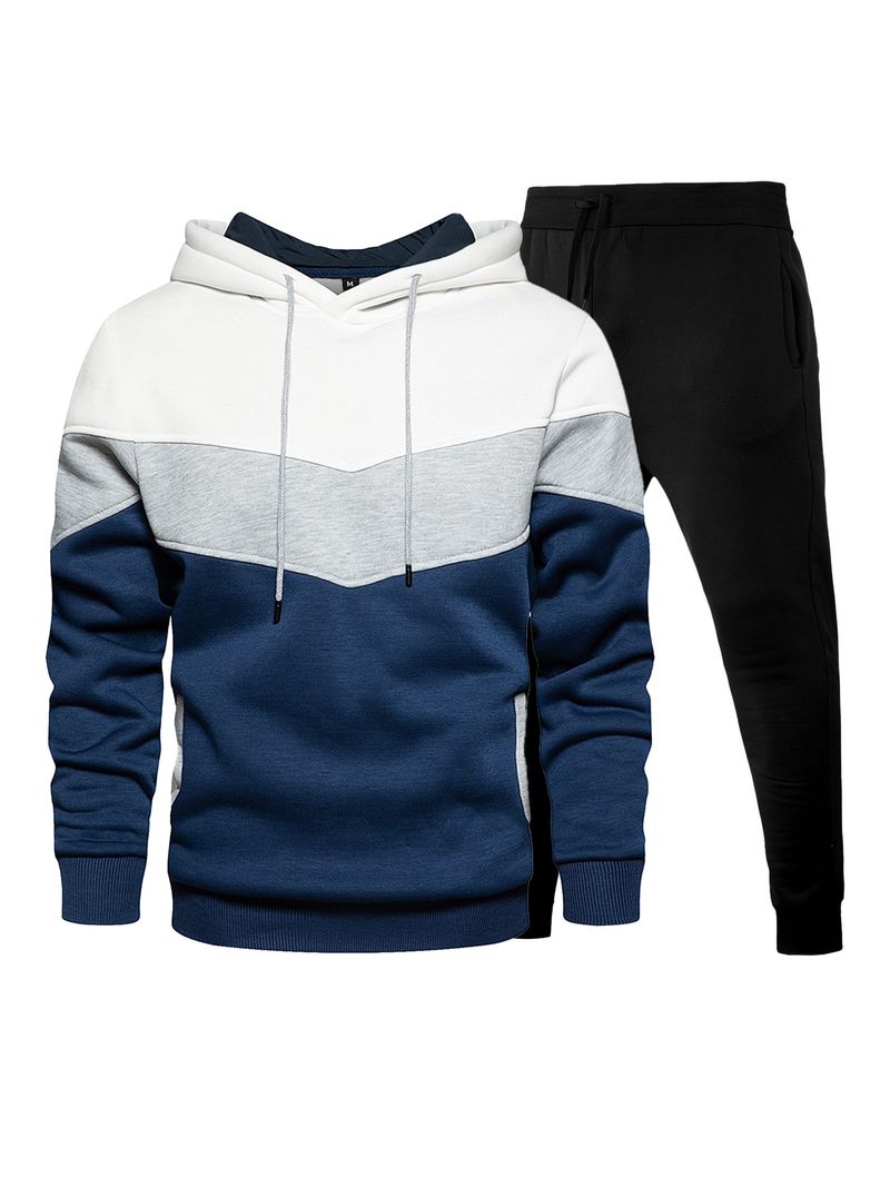 Foreign Trade Men's Sports Suit Fashionable And Casual Spring And Autumn Three-color Splicing Hooded Sweater Trousers Suit_voghion.com