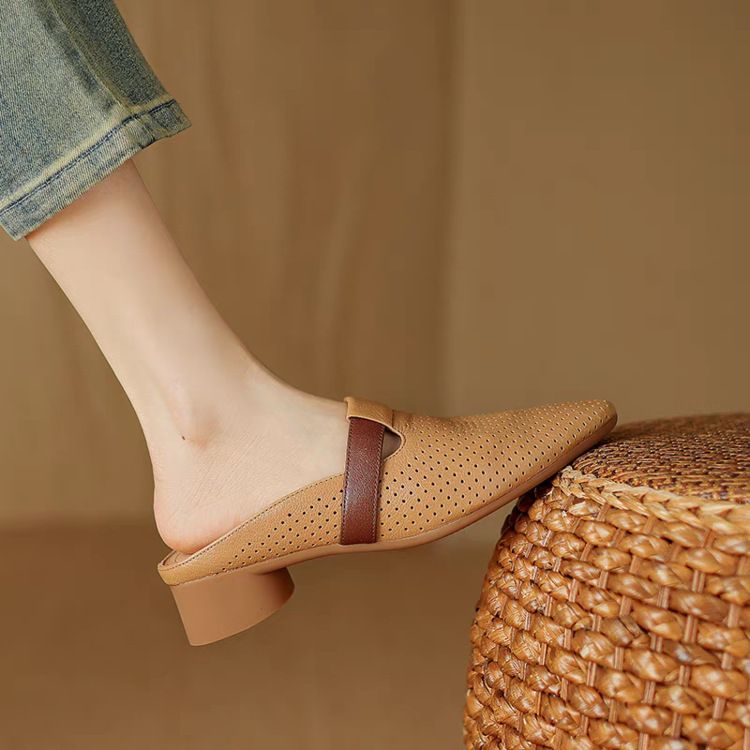 Französische atmungsaktive Hohltaschen-Halbpantoffeln für Damen, weiches Leder, runde Sandalen, faule Muller-Schuhe mit niedrigem Absatz_voghion.com