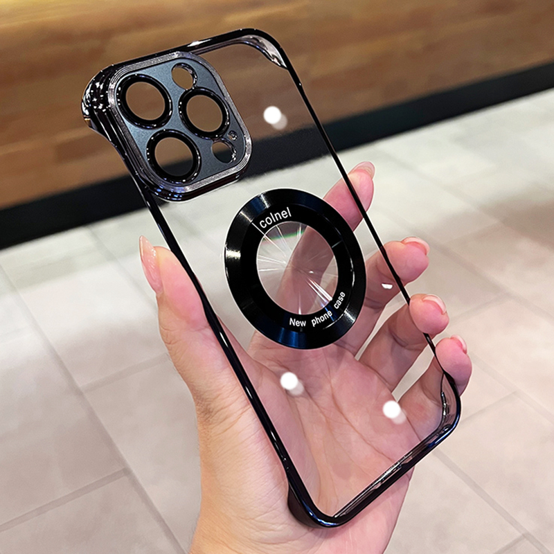 Cassa del telefono trasparente senza cornice placcatura per iPhone 14 Plus 13 12 Pro Max Hole per copertura di ricarica wireless magnetica Magsafe_voghion.com