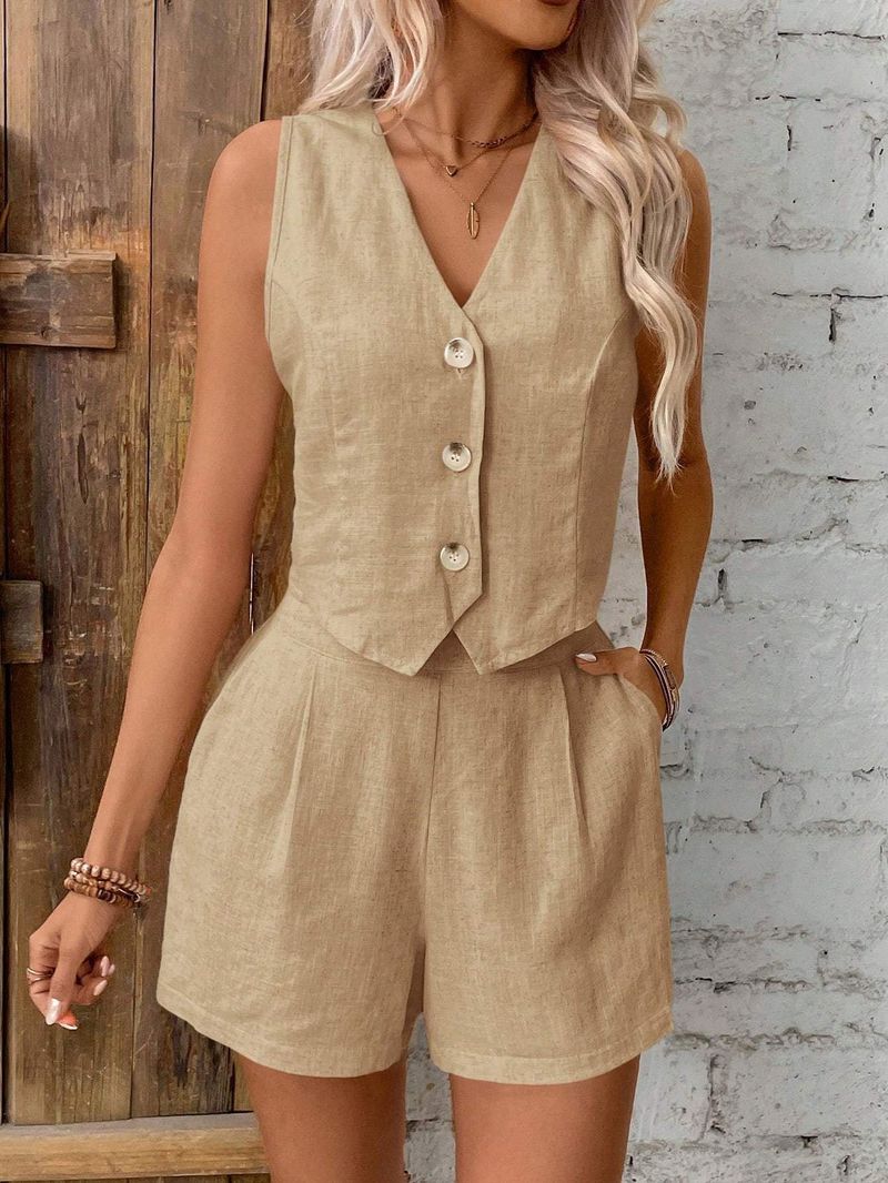 Conjunto de ropa de mujer de lino, informal, de verano, con chaleco y pantalones cortos con botones delanteros y cuello en V, ropa de otoño_voghion.com