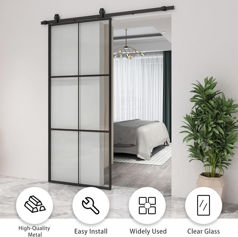 JUBEST 30in X 80in Glass Sliding Barn Door, 3-Panel Black Aluminum Frame And Clear Tempered Glass Modern French Door, Easy To Install (No Sliding Hardware Kit)_voghion.com