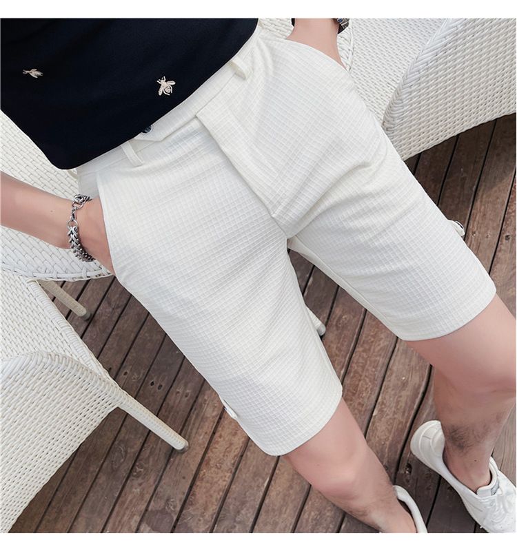 Summer new Internet celebrity trend waffle fabric casual shorts British temperament men's slim-fitting five-point pants_voghion.com