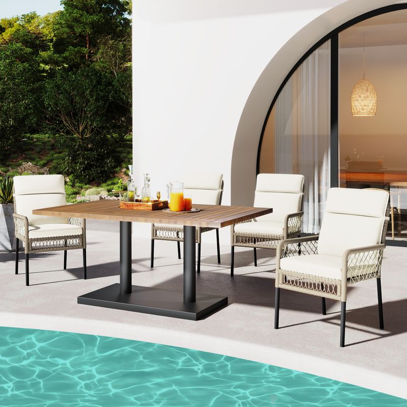 Ensemble de salle à manger d'extérieur 5 pièces pour 4 personnes, table en acacia massif, chaises en rotin synthétique, pour jardin et terrasse_voghion.com