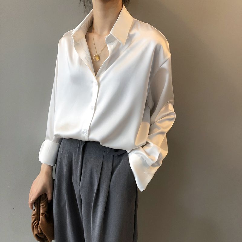 2025 Women's New Spring And Autumn White Shirt, Unique Design, Draped Top, Silk Satin Blouse_voghion.com