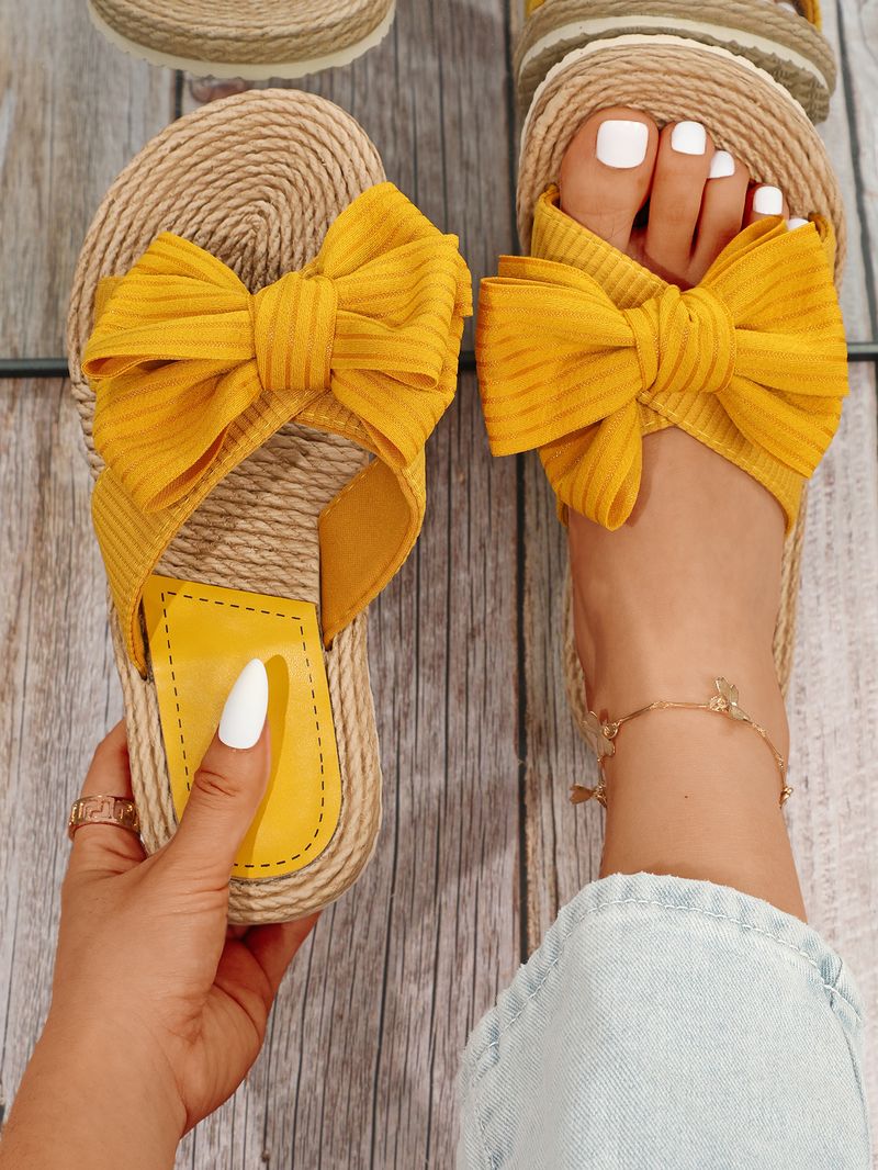 Γυναικεία Παπούτσια INS Χειροποίητα One Word Σχοινί Ψάθινο Υφαντό Four Seasons Νέα ραφές εξωτερικού χώρου Φιόγκος επίπεδη τακούνι παντόφλες για εξωτερικούς χώρους_voghion.com